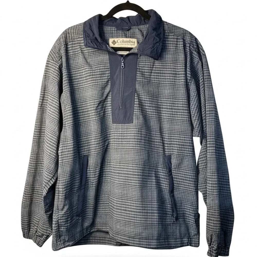 VTG Columbia Windbreaker Navy‎ Plaid Quarter Zip Pullover Jacket Youth M Boys